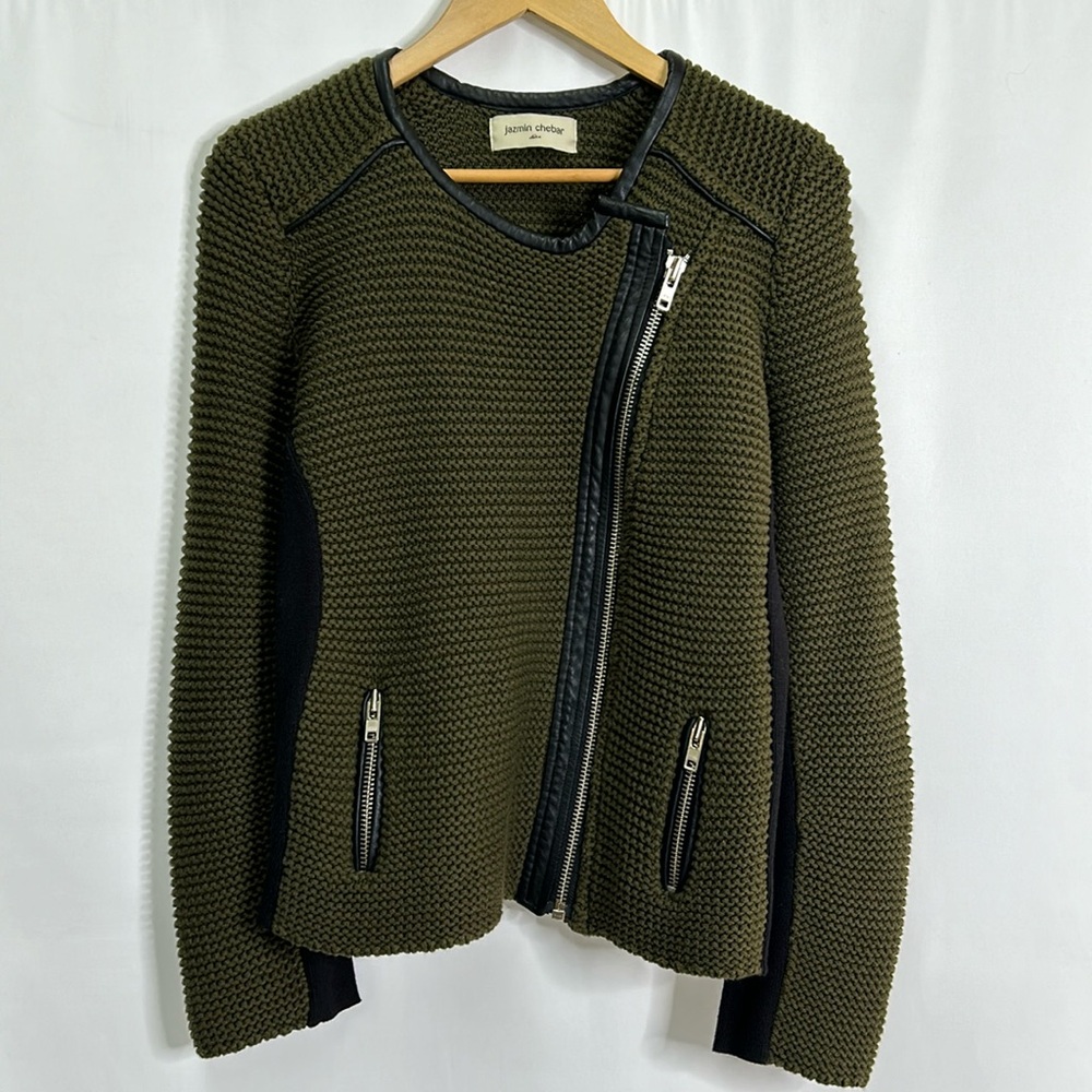 Jazmin Chebar Uruguay chunky knit genuine leather lined full zip pocketed jacket